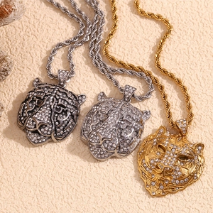 Tiger Face Pendant Necklace 18K Gold Plated Stainless Steel Iced Out Rhinestone Hip Hop Rope Chain Jewelry For Men