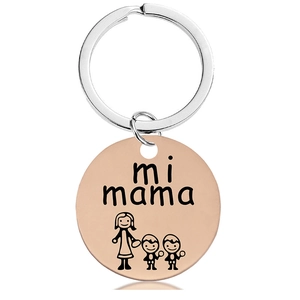 Detail of rose gold round pendant with mi mama engraving and mother-child cartoon icon