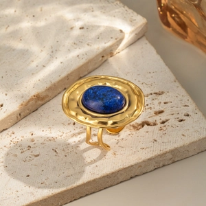 French retro lapis lazuli open ring with hammered gold titanium steel finish