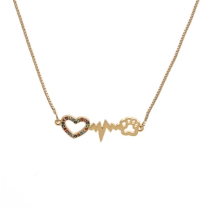 Golden necklace with rainbow zircon heart, heartbeat line and paw pendant on white background
