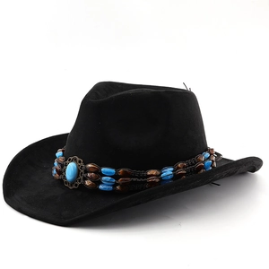 Classic black suede cowboy hat featuring bohemian bead band with turquoise stones