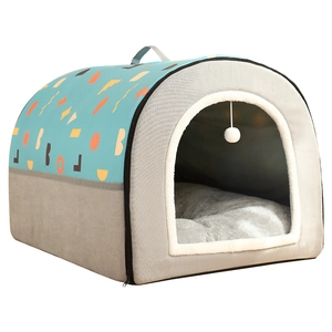 Cuccia chiusa blu per gatti con motivi geometrici e morbido cuscino in peluche