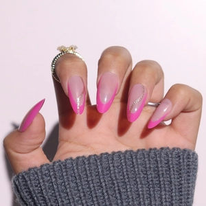 Rosa French Tip Press On Nails Mandelform Gold Glitzer Welle Design Luxus Modische Künstliche Fingernägel Für Damen