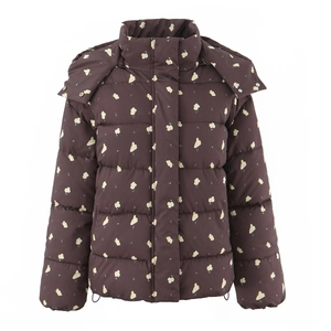 Women's warm floral puffer jacket in dark brown with hood and quilted flower pattern