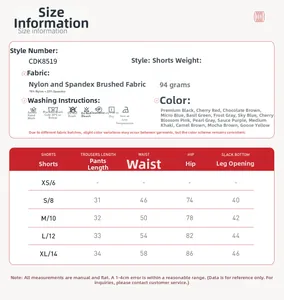 Tableau des tailles pour shorts de yoga brossés pour femmes avec mesures précises