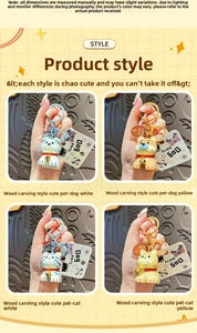 Detail of four resin animal keychains with wood carving texture and gold bells