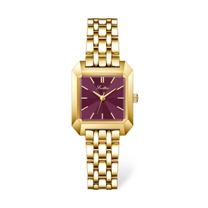 Elegant women's square gold watch with deep purple sunray dial and faceted metal case