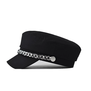 Black baker boy hat with sparkling rhinestone silver chain and side buttons