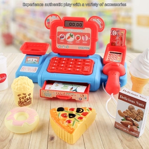 Kids supermarket cash register toy set with realistic light sound scanner and food accessories