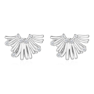 Irregular silver line fan-shaped earrings with pearls and small diamond accents