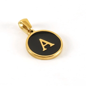 Pendentif lettre A classique en acier inoxydable plaqué or 18 carats avec émail noir