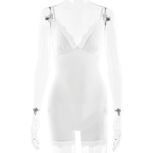 Sleek white lace trim V-neck bodysuit for women displayed on a transparent mannequin