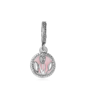 Elegant silver tulip flower pendant with light pink petals on a polished round charm