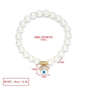 Detail view of evil eye pearl bracelet with measurements of 174mm length and 8mm beads