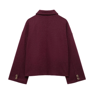 Back view of burgundy wool blend cropped jacket with button cuffs and boxy silhouette