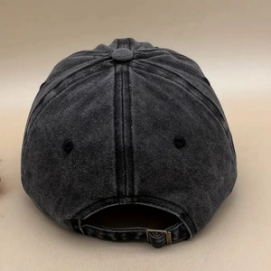 Vintage washed denim baseball cap in dark charcoal grey featuring adjustable metal buckle