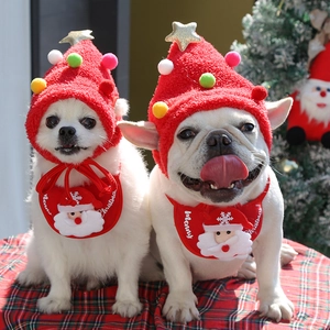 Close-up of pet Christmas knit tree hat and Santa bib on white dogs for holiday decor