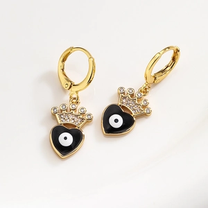 Elegant gold-plated heart drop earrings with black enamel evil eye and crown charms