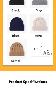Detail of knitted beanie showing various colors like black, grey, blue, and beige