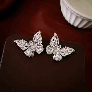Elegant butterfly stud earrings with sparkling zircon crystals and silver-tone finish