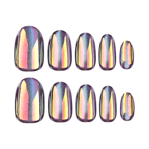 Short round cat-eye press-on nails set with aurora metallic gradient in purple and gold