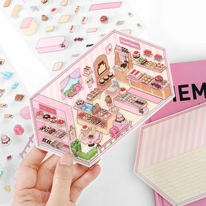 3D scene building stickers for DIY journals with pink bakery and dessert shop theme