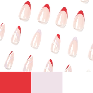 French almond press-on nails with red tips and wavy purple patterns on white background