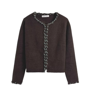 Cardigan En Tricot Pour Femme Garniture Tressée Contrastée Col Rond Chic Manches Longues Couleur Café Tricots Vêtements