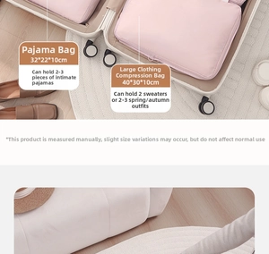 Pink travel compression bags in two sizes for pajamas and sweaters in a suitcase