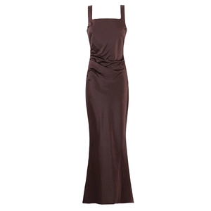 Elegant coffee brown satin maxi dress featuring a square neck and waist pleats design