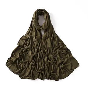 Detail of dark olive green modal jersey scarf with premium overlock edge stitching