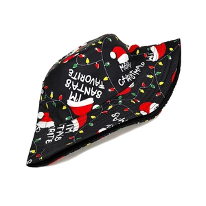 Black Christmas bucket hat with neon lights and Santa print on a white background