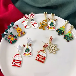 Christmas Earrings Alloy Enamel Asymmetric Studs Santa Claus Elk Snowman Xmas Tree Holiday Party Jewelry For Women Girls