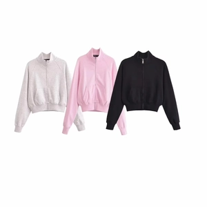 Women's cotton-blend high collar zip hoodie and flared pant set in grey, pink, and black