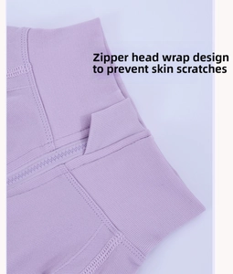 Détail du garage à glissière sur haut de yoga violet pour protéger la peau