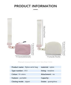 Detailed size chart for nylon dual-pocket wrist bag with zipper and strap