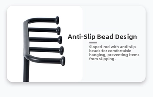 Detail of metal jewelry organizer hooks featuring non-slip beads and a black matte finish