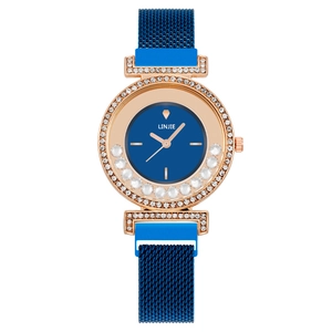 Montre à quartz pour femme or rose avec bracelet milanais bleu et lunette en cristal