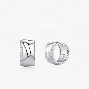 Wavy Huggie Hoop Earrings 925 Sterling Silver With Sparkling Cubic Zirconia Elegant Liquid Metal Style For Women