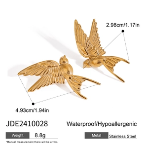 Golden stainless steel bird earrings showing dimensions 4.93x2.98cm and 8.8g weight