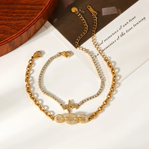 Luxe gold-plated stainless steel bracelet set with shimmering zircon lightning charm