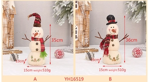 Detail view of linen Christmas snowman ornaments with plaid hats and pine cone accents