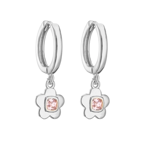 Detail view of silver flower earrings featuring square pink zircon and micro-pave setting