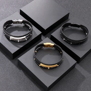 Three men's multi-layer bracelets with braided leather, glass beads, and metal plates