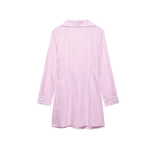 Elegant pink and white vertical striped long sleeve V-neck button shirt dress for women