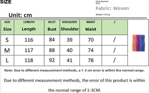 Tableau des tailles pour robe en satin sans manches avec col en V et mesures en cm (S-L)