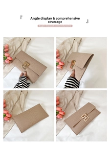 Multi-angle view of a beige faux-crocodile envelope clutch with a gold buckle clasp