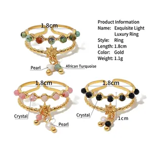 Bague double anneau plaquée or 18 carats avec pierres naturelles, étoiles et perles