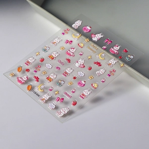 5D embossed cute bunny nail stickers with strawberry and heart patterns on 3D relief sheet