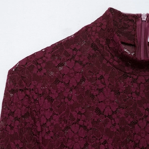 Elegant wine red lace dress with stand collar and hidden back zipper detail